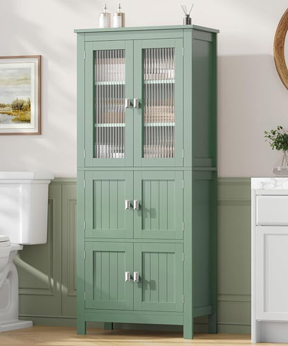 Akxomel 53.1" Tall Bathroom Cabinet 6 Doors Linen Floor Storage Cabinet | Bathroom Floor Cabinet with Adjustable Shelf, Pantry Cabinet for Living Room, Kitchen, Entryway, Green