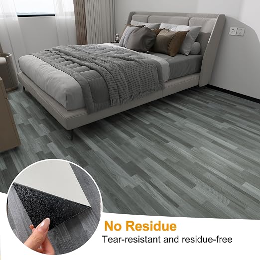 Countewol Peel and Stick Vinyl Flooring Roll Grey Wood Look, Self Adhesive Waterproof Removable PVC Floor Sheet for Apartment Kitchen RV