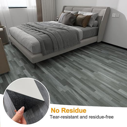 Countewol Peel and Stick Vinyl Flooring Roll Grey Wood Look, Self Adhesive Waterproof Removable PVC Floor Sheet for Apartment Kitchen RV