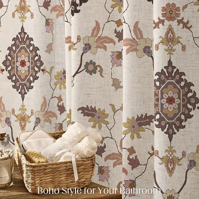 Boho Floral Shower Curtain, Vintage Cottage Core Shower Curtains for Bathroom, 72Wx72H Inch