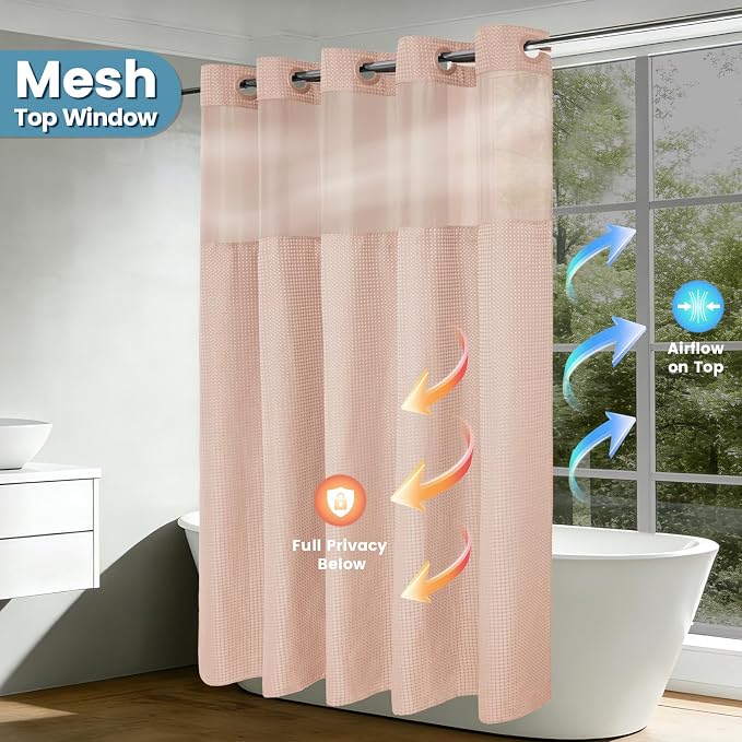 EUTXL Heavyweight Blush Pink Long No Hook Shower Curtain with Snap in Liner,256GSM Waffle Weave Shower Curtains for Bathroom,71W x 86H