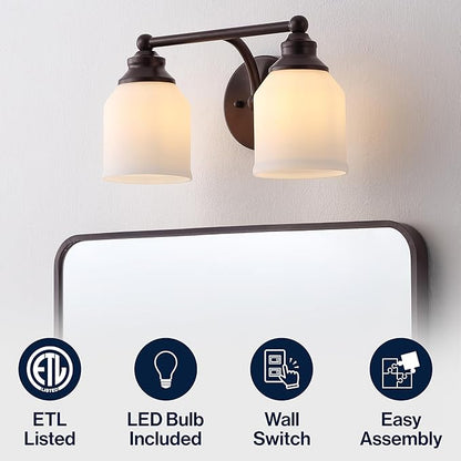 JONATHAN Y 14" Oil Rubbed Bronze/White Modern Farmhouse LED Vanity Light Wall Sconce Fixture, Frosted White Glass Shade, Dimmable Wall Lamp for Bathroom Mirror Kitchen Sink, UL Listed (JYL7550C)