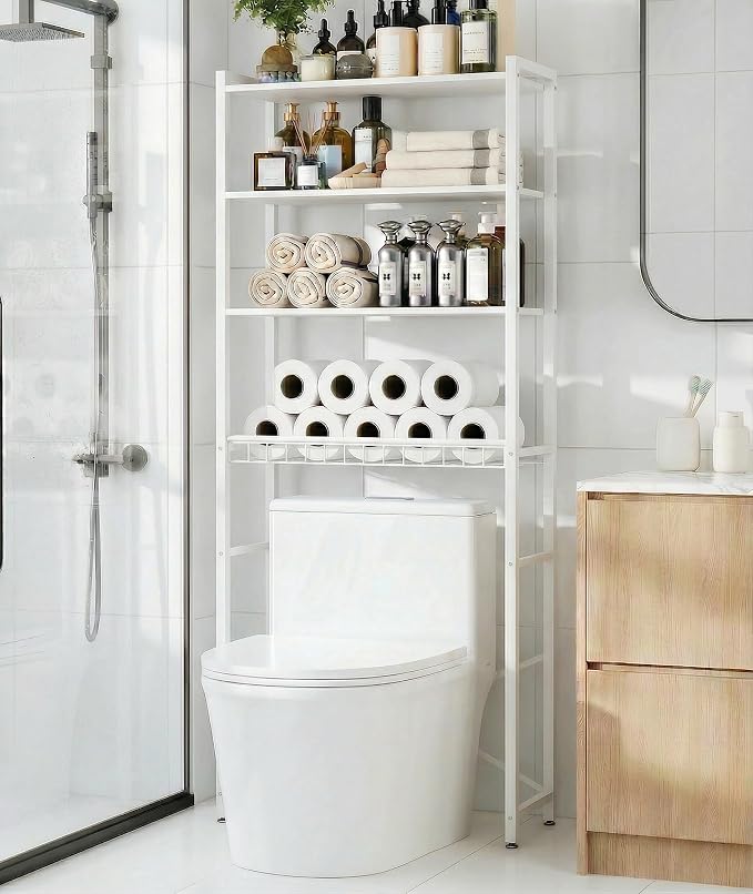 4-Tier Over-the-Toilet Storage Rack with One-Piece Wooden Shelves & Open Net Basket, Bathroom Organizer with Adjustable Feet & Anti-Tip Kit, Space-Saving Toilet Shelf, White, 24.4" x 9.4" x 69.3"