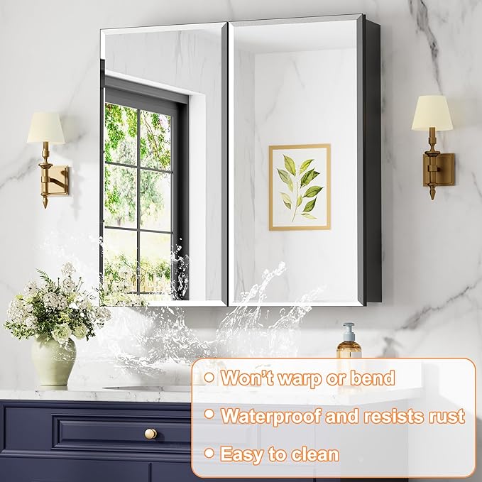 30x30 Inch Medicine Cabinet with Mirror, Aluminum Bathroom Mirror Cabinet, Beveled Edge Mirrored Double Door, Adjustable Shelves, Surface or Recessed Mount Mirrors with Storage,Black