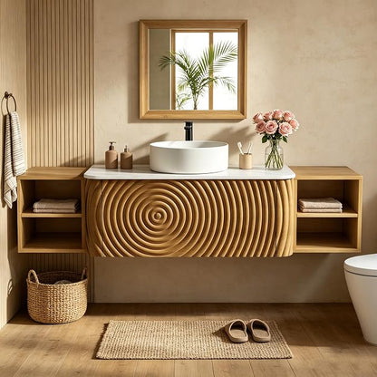 60" Floating Bathroom Vanity with Sink, Mid-Century Wall Mounted Bathroom Vanity Cabinet with Wood Waved Decor,Ceramic Vessel Basin and Sintered Stone Top, Soft Close Drawer, 2 Side Open Cube