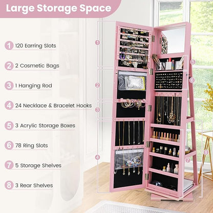 GOFLAME 360° Rotating Jewelry Armoire, Lockable Jewelry Cabinet with Full-Length Mirror & Inner Makeup Mirror, Standing Jewelry Storage Organizer with Rear Storage Shelves, Pink