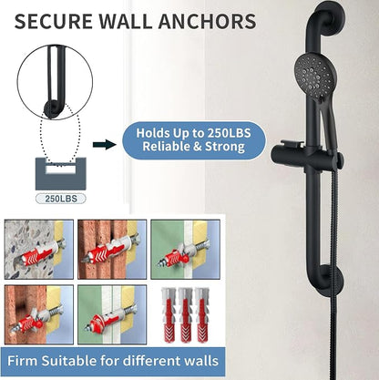 BRIGHT SHOWERS Stainless Steel Slide Bar Grab Rail Set Ada Compliant, 5-Spray Handshower with Slide Bar Kit – Includes Handheld Shower Head and 69-Inch Hose, Matte Black