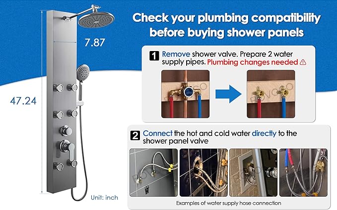 ROVOGO 304 Stainless Steel Shower Panels System with 8-inch Rainfall Shower, 6 Body Jets and 5-Setting Handheld Shower Wand, Shower Tower with Adjustable Head, Brushed