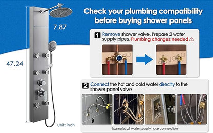 ROVOGO 304 Stainless Steel Shower Panels System with 8-inch Rainfall Shower, 6 Body Jets and 5-Setting Handheld Shower Wand, Shower Tower with Adjustable Head, Brushed