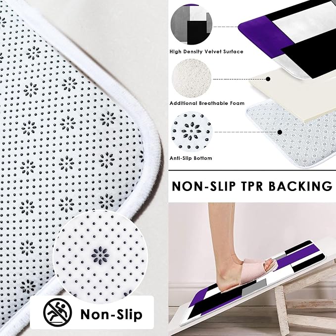 Bathroom Sets with Shower Curtain and Rugs, 4 Pcs, Geometric Purple | Abstract Modern Checkered Bathroom Decor Set with Toilet Lid Cover, Non-Slip Bath Mats and Accessories 12 Hooks