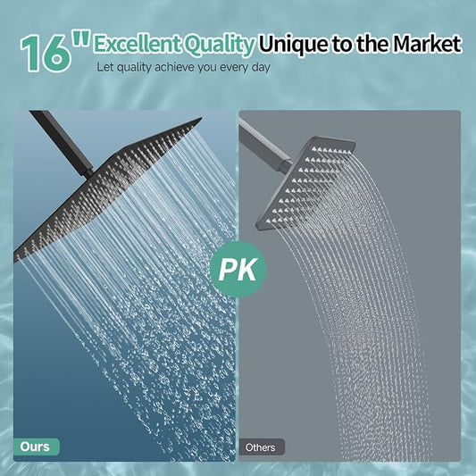 SR SUN RISE Luxury 16 Inch Extra Large Square Stainless Steel Shower Head High Pressure Rainfall Showerhead Ultra Thin Water Saving Matte Black 2.5 Gpm