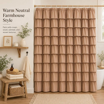 Ruffle Shower Curtain, Light Brown Farmhouse Design for Girl, Elegant Privacy & Cute, Boho Bathroom Decor, Decorative Bath Curtains, Vintage Beige, Modern Country Style, 36 x 72 inches