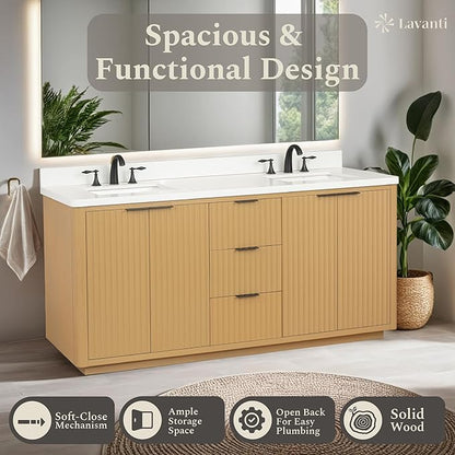 Lavanti Wooderna 72 Inch Bathroom Vanity with Sink – Stylish Firwood Oak Vanity Bathroom with Storage Cabinet – Modern Bathroom Vanities with Double Vanity Sink & Quartz Countertop