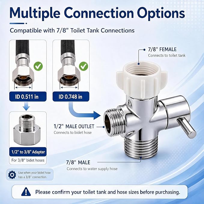 Bidet T Adapter with Shut off Valve,Solid Brass T Valve for Bidet Toilet 7/8” X 7/8” X 1/2”or 3/8”,Tee Connector Bidet Attachment for Toilet