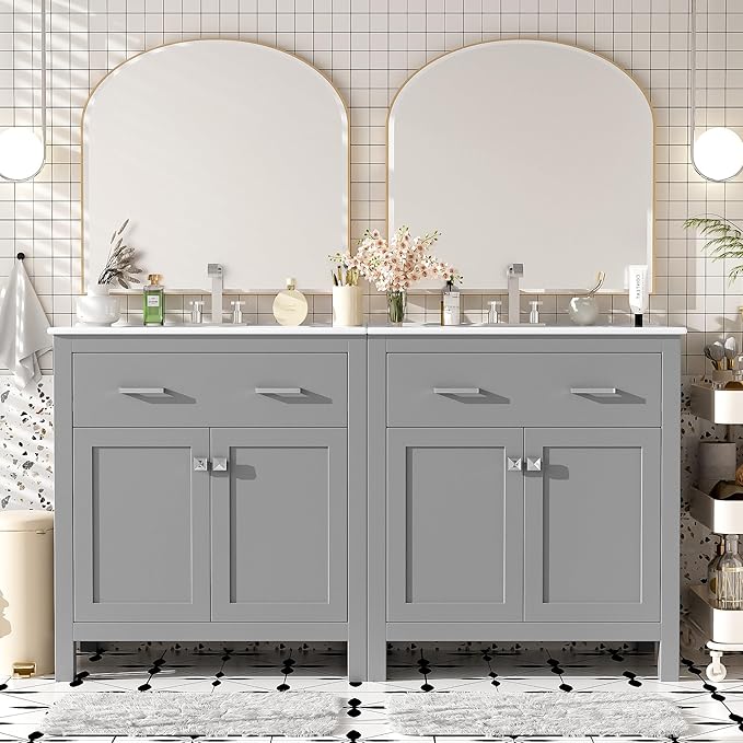60" Grey Bathroom Vanity with Double Sink, 60 Inch Bathroom Vanity Set with Double Vanities (Separate), 2 Bathroom Vanities with Sink, Adjustable Shelf, Soft Close Doors and Flip Drawer