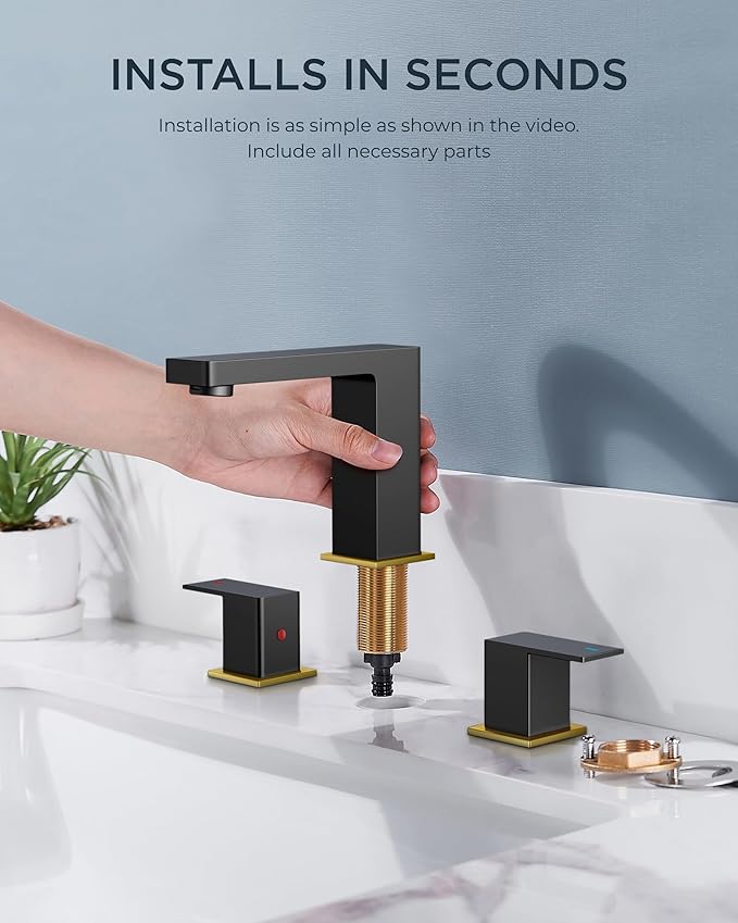 FORIOUS 8 Inch Widespread Black and Gold Bathroom Faucet Square, 2 Handle 6 Inch Matte Black Faucets for Bathroom Sink 3 Hole 8-10 Inch Vanity Sink, with Pop-up Drain, Hot and Cold Water Hoses