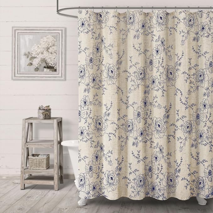 Farmhouse Floral Linen Shower Curtain, Vintage Navy Blue Embroidered Pattern Rustic Shower Curtains for Bathroom, 72x72