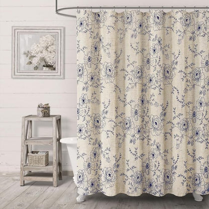 Farmhouse Floral Linen Shower Curtain, Vintage Navy Blue Embroidered Pattern Rustic Shower Curtains for Bathroom, 72x72