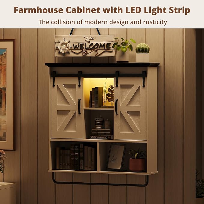 IRONCK Bathroom Wall Cabinet, Farmhouse Medicine Cabinet with Sliding Barn Door and LED Lights, Storage Cabinet Wall Mounted with Adjustable Shelves & Towel Bar for Bathroom, Kitchen, White