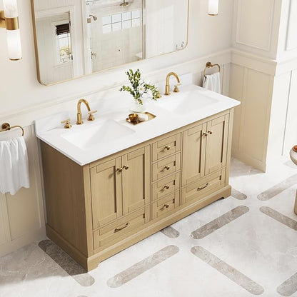 WELLFOR 60" Bathroom Vanity with Double Sinks, Bathroom Freestanding Vanity W/4 Soft-Close Doors and 6 Drawers, Large Storage Space Vanity, Bathroom Vanity with Cultured Marble Countertop (Oak)