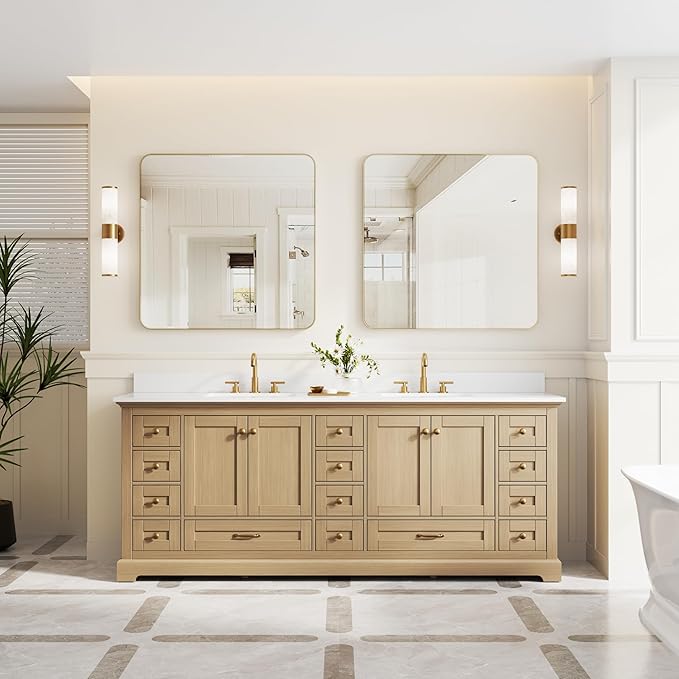 WELLFOR 84 Inch Bathroom Vanity with Double Sinks, Bathroom Freestanding Vanity W/4 Soft-Close Doors and 14 Drawers, Large Storage Space Vanity, Cultured Marble Countertop Vanities (Oak)