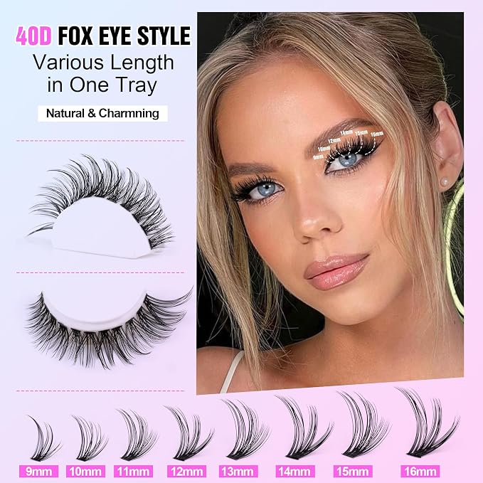 Lash Clusters Kit Cat Eye Lash Extension Kit DIY 9-16mm Cluster Eyelash Extensions Kit 40D Individual Lashes with Lash Bond and Seal, Lash Tweezers for Self Use (Fox 40D, 9-16mm, Kit)