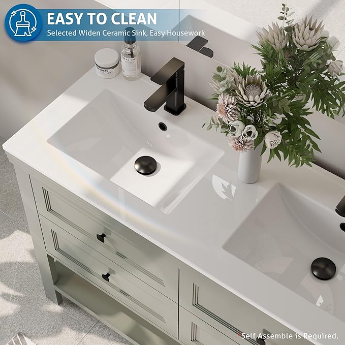 eclife 48" Bathroom Vanity with Sink Combo, Modern Painted Vanities Cabinet with Big Drawers, Opening Bottom Shelf, Raised Foot Pads, Include Undermount White Sink, Faucet & Drain, Green