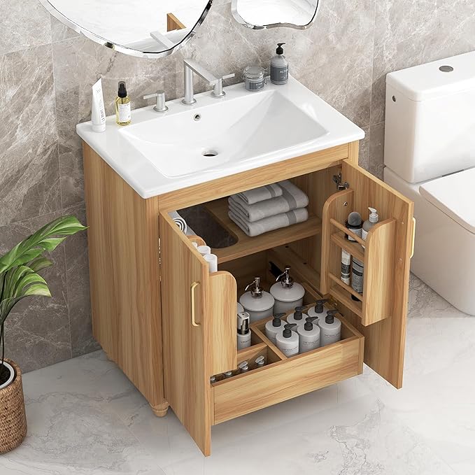 LUMISOL 30" Bathroom Vanity with Sink, Small Single Bathroom Vanity with Drawer and Soft-Close Doors, Storage Racks, Wooden Freestanding Bathroom Cabinet with Ceramic Sink, Natural