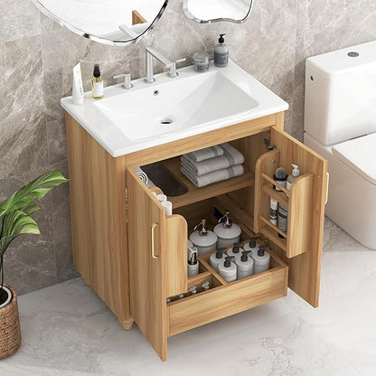 LUMISOL 30" Bathroom Vanity with Sink, Small Single Bathroom Vanity with Drawer and Soft-Close Doors, Storage Racks, Wooden Freestanding Bathroom Cabinet with Ceramic Sink, Natural