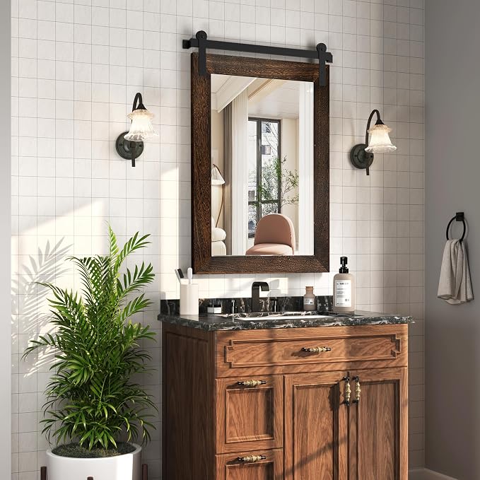 COGOOD Farmhouse Bathroom Mirrors for Over Sink - 38 x 25 Black Brown | Rustic Barn Door Wood Framed Vanity Mirror for Entryway, Living Room, Bedroom, Dresser Wall Decor