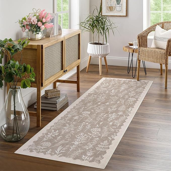 GarveeHome Washable 2x6 Runner Rugs for Bathroom Floral Kitchen Rug Neutral Scalloped Carpet, Non-Slip Hallway Rug Stain Resistant Modern Low-Pile Carpet for ‎Laundry Bedside Entryway(2x6 ft,Taupe)