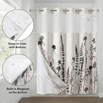 Americanflat 72x75 Hookless Shower Curtain - Water-Resistant Floral Shower Curtain with Sheer Panel, Snap-in Liner, and Grommets - 100% Polyester - Botanical Bathroom Curtains - Black, Pink and White