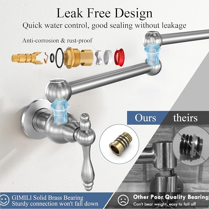 Faucets with Wall Mount Double Joint Swing Arms - Leak Free Design with High-Flow Aerators - Retractable & Folding for Space Saving