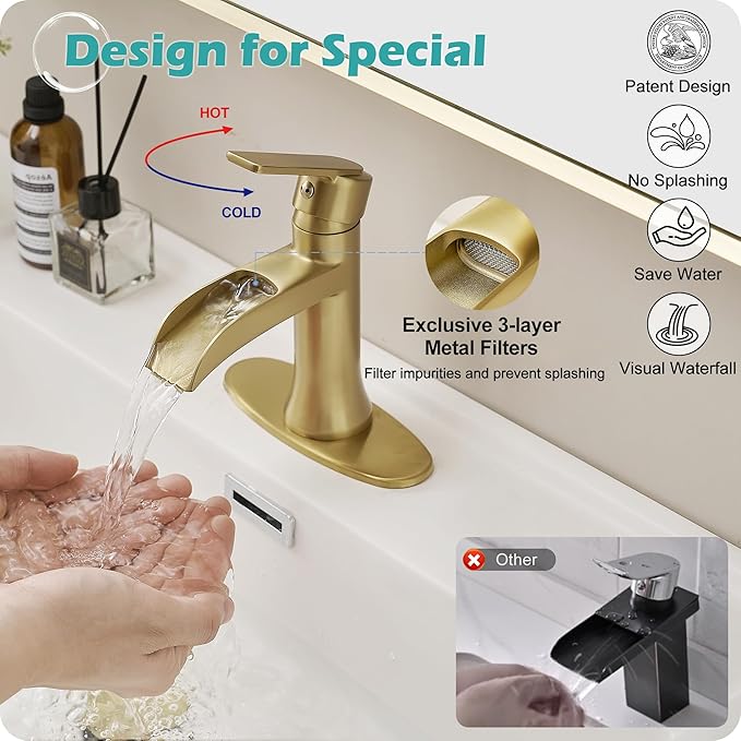Brushed Gold Waterfall Bathroom Faucet Single Handle, 4 Inch 1 or 3 Hole Brass Bathroom Sink Faucets with Pop-Up Drain & Deck Plate for Vanity, Restroom, RV, Modern, 5 Mins Quick Install