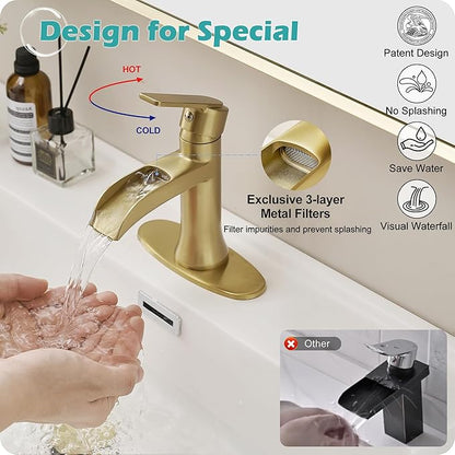 Brushed Gold Waterfall Bathroom Faucet Single Handle, 4 Inch 1 or 3 Hole Brass Bathroom Sink Faucets with Pop-Up Drain & Deck Plate for Vanity, Restroom, RV, Modern, 5 Mins Quick Install