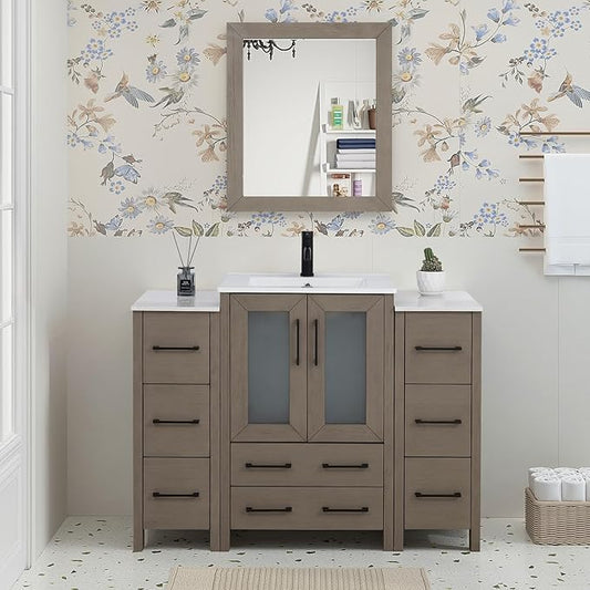HOMEBEYOND 48 Inch Modern Bathroom Vanity with Sink & Mirror, Single Vanity Cabinet with Basin and Mirror, Dove-Tailed Drawers, Soft-Closing Doors, Wood, Driftwood Gray
