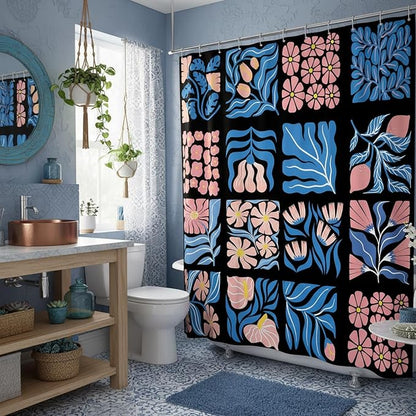 JAWO Pink Turquoise Shower Curtain for Bathroom, Retro Boho Floral Bathroom Curtain Decor, Vintage Abstract Botanical Geometric Groovy Aesthetic Pattern Shower Curtain Sets with 12 Hooks,70X70IN