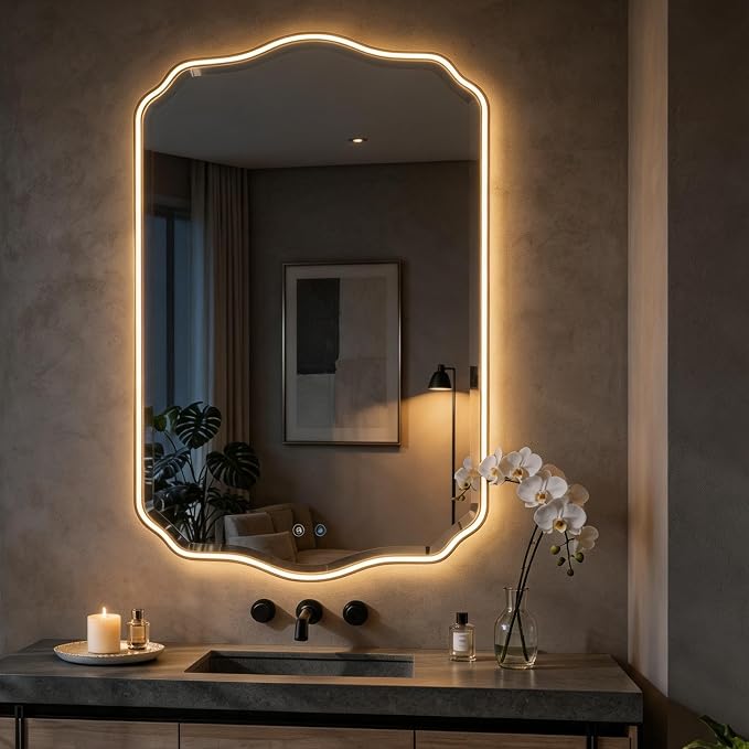 POZINO 40"x24" Scalloped LED Bathroom Mirror with Lights, Black Metal Frame | Beveled Edge, 3 Color Dimmable, Anti-Fog, Memory Function, IP65 Waterproof, Smart Bathroom Vanity Mirror with Front Lights