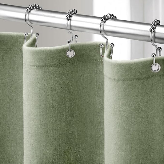 Linen Shower Curtain Green, Fabric Boho Farmhouse Shower Curtains for Bathroom Cotton Natural Cloth Liner Set 72" W x 72" L