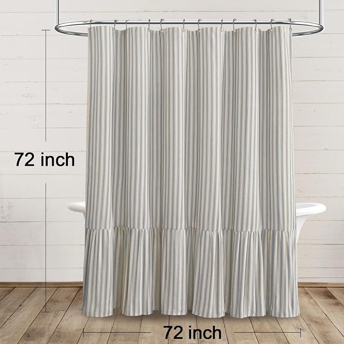 Farmhouse Shower Curtain Ruffle Linen Cream-Grey Stripe 72"W x 72"L | Farmhouse Boho, Striped, Bottom Ruffle, Linen Fabric, Rustic, Country, Natural Look, Washable, for Bathroom Bathtub