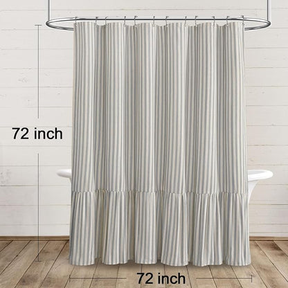 Farmhouse Shower Curtain Ruffle Linen Cream-Grey Stripe 72"W x 72"L | Farmhouse Boho, Striped, Bottom Ruffle, Linen Fabric, Rustic, Country, Natural Look, Washable, for Bathroom Bathtub