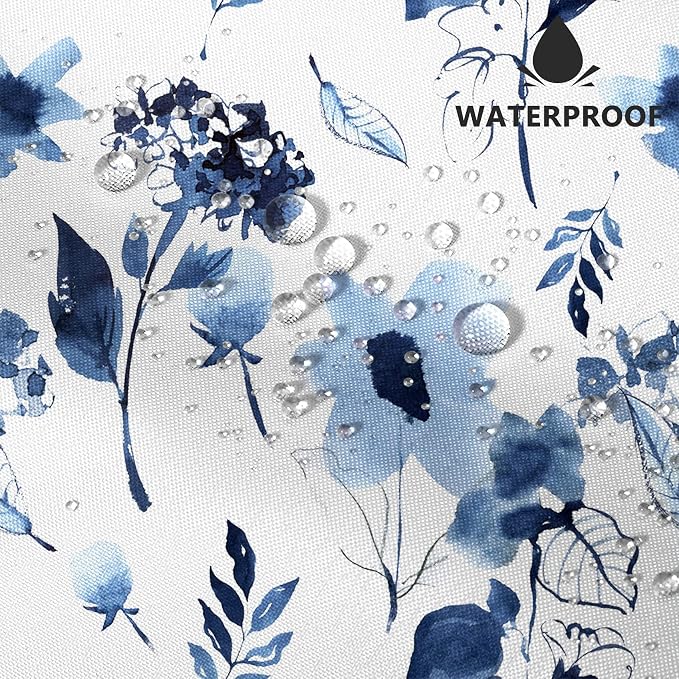 AWERT Blue Floral Shower Curtain - Watercolor Ink Flowers with Hooks - Waterproof Fabric - Bathroom Decor - 72x72inch