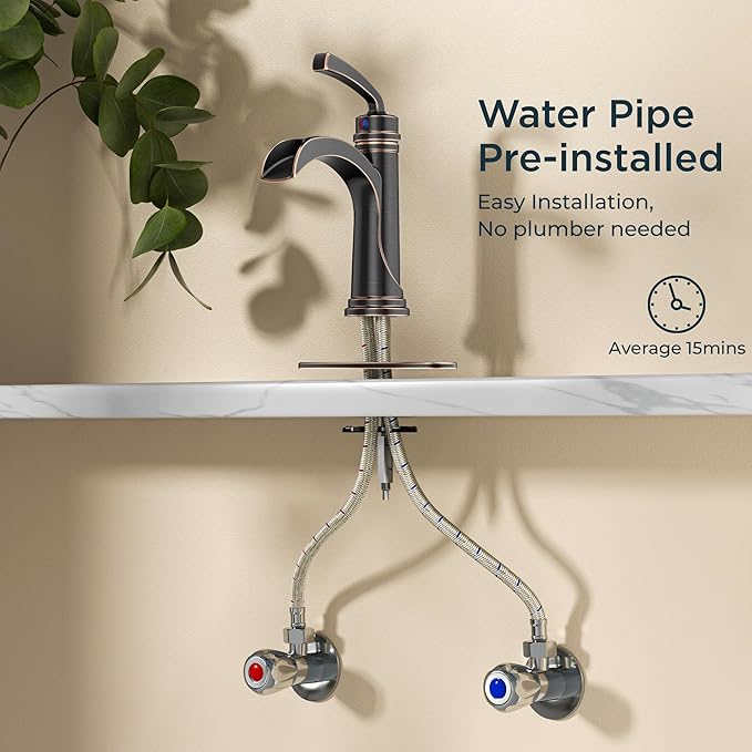 Forious Bathroom Sink Faucet Oil Rubbed Bronze Single Handle One Hole Antique Waterfall Bathroom Faucet with Metal Pop Up Drain and Deck Plate for Lavatory Vanity Farmhouse RV