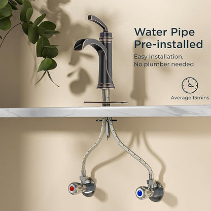 Forious Bathroom Sink Faucet Oil Rubbed Bronze Single Handle One Hole Antique Waterfall Bathroom Faucet with Metal Pop Up Drain and Deck Plate for Lavatory Vanity Farmhouse RV