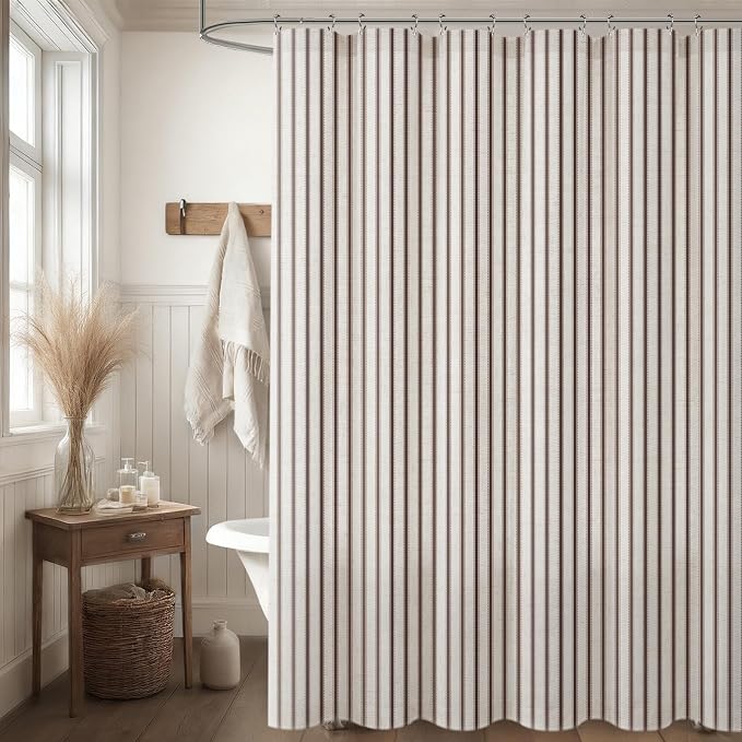 Farmhouse Striped Shower Curtain Brown Vintage Linen Curtain 72"W X 72"L | Striped Shower Curtains with Linen Texture for Bathroom Decor