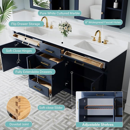 80-Inch Bathroom Vanity with Double Sinks W/ 4 Doors & 4 Drawers & 2 Flip Drawers, Navy Blue Vanity W/Brushed Gold Handles