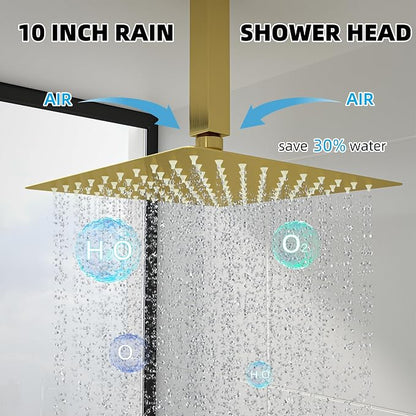 Shower System with 10-Inch Rain Head and Tub Spout | All-Metal Tub Shower Faucet Set, Ceiling Mount Rain Showerhead, Handheld Spray, Includes Valve and Trim Kit, Brushed Gold