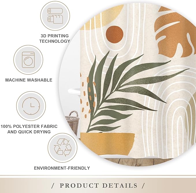 Glawry Beige Green Boho Shower Curtain Mid Century Abstract Plant Tropical Palm Leaf Modern Minimalist Arch Geometric Bathroom 60Wx72L Inches Bath Accessories Art Home Decor Fabric 12 Pack Hooks