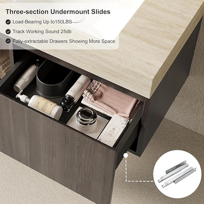 Ambrovina 36" Floating Bathroom Vanity with Sink, Modern Plywood Storage Vanities with Drawer and Door, Roma Travertine-Pattern Countertop with 3 Pre-drilled Faucet Holes Ceramic Basin, Espresso