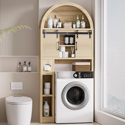 Spurgehom Wood Over Toilet Cabinet, Freestanding Arch Bathroom Organizer | Wood Arch Over Toilet Cabinet with Sliding Doors, Toilet Paper Holder & Anti-tipping Device, Bathroom Storage Unit